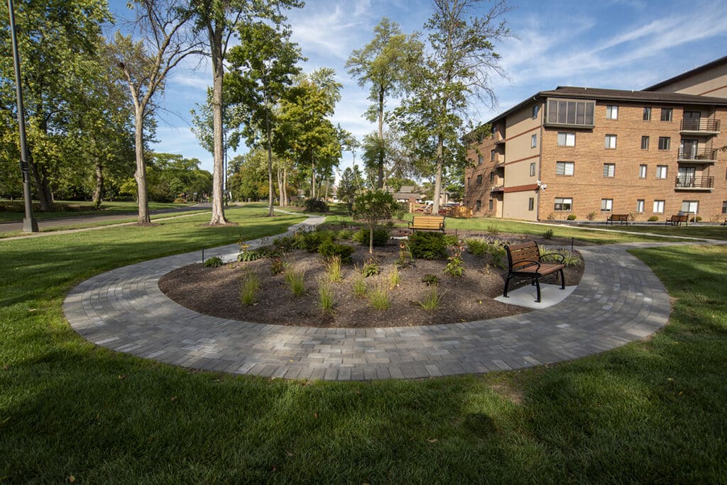 The New Outdoor Walking Paths, Bocce Court, And Shuffle Board At One Lincoln Park In Dayton.